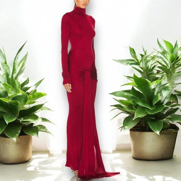 MICAS Women’s Wrap Ruched High Neck Long Sleeve Maxi Dress in the Size Large Red - Picture 10 of 15